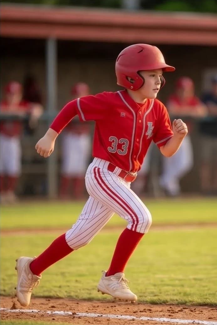 Young ballplayer in a red uniform and batting helmet sprinting down the baseline